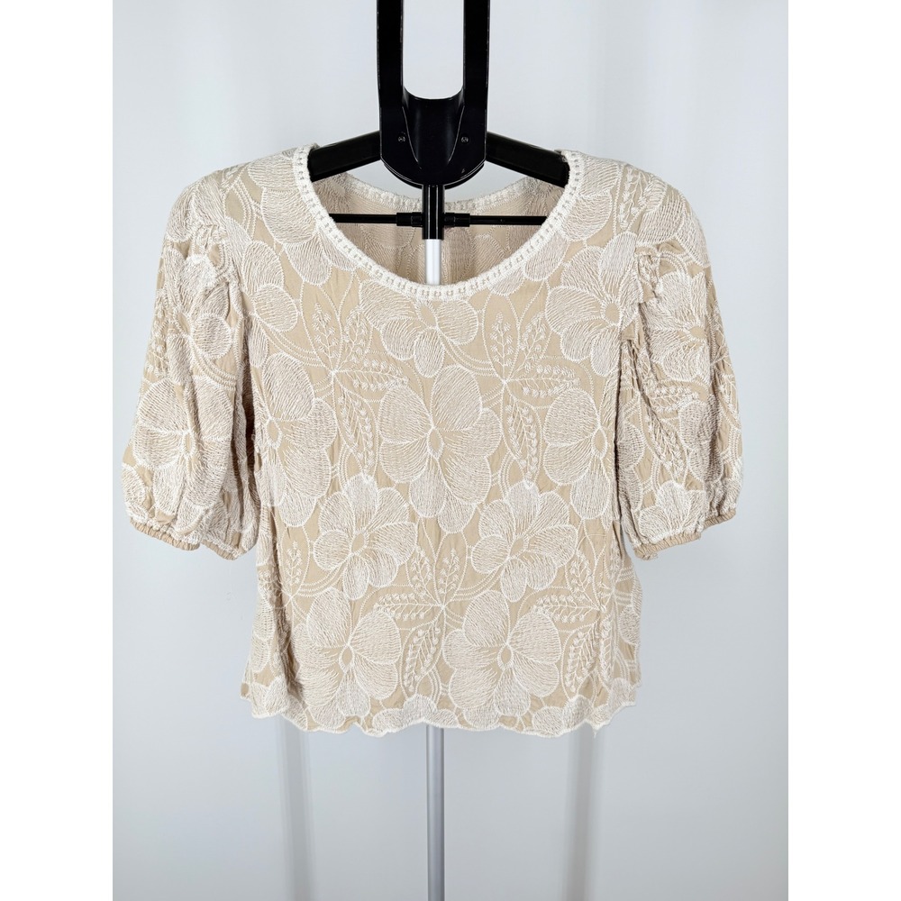 Solitaire Boho Floral Embroidered Puff Sleeve Mesh Top Beige Cream L